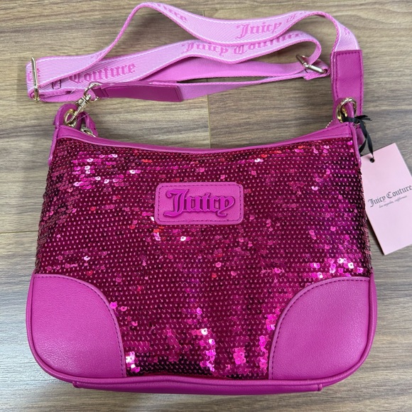JUICY COUTURE Blank Canvas Pink Sequin Adjustable Strap Crossbody Bag NWT - Picture 1 of 11